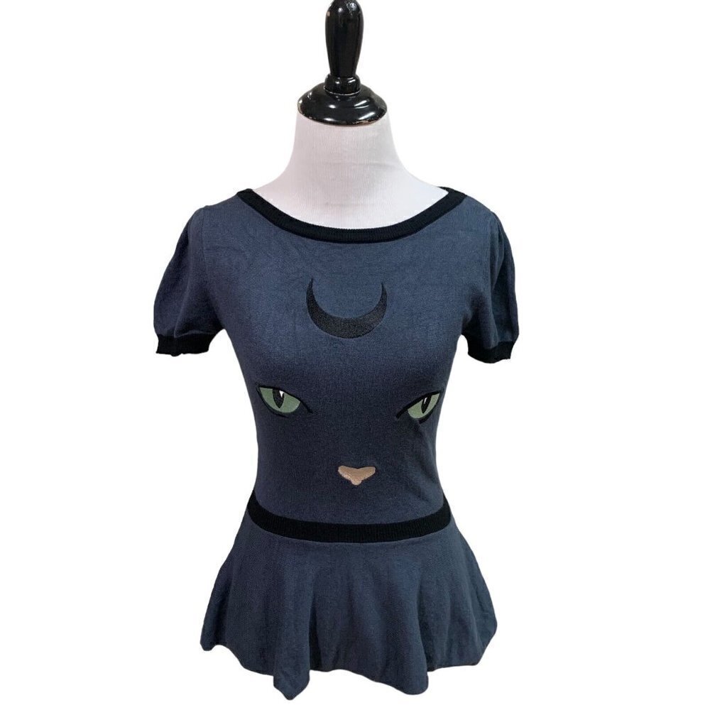 ModCloth X Collectif Women's Knit Sweater Size 2 Peplum Halloween Cat Embroidery